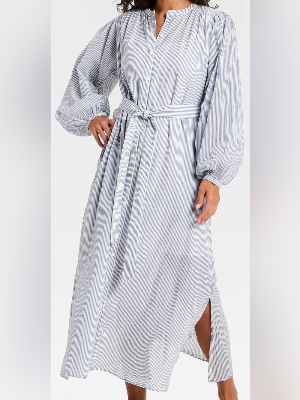 Universal Thread Blue & White Pinstripe Button-Front Maxi Dress with Waist Tie